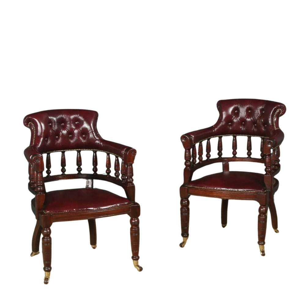 Antique Victorian leather office chair in tufted leather and teak frame
