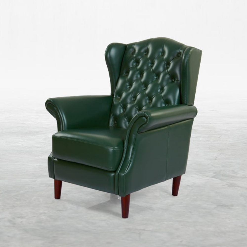 Karlsson Leather Armchair Chair in deep-green leather and Sheesham wood