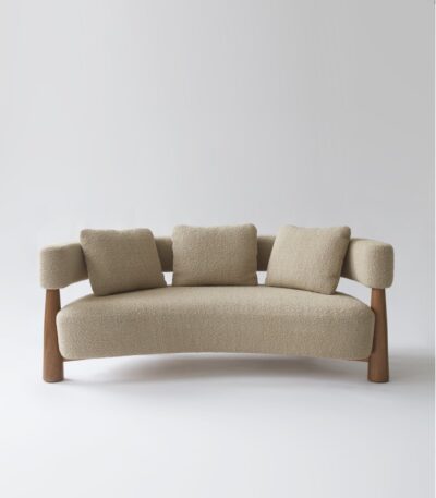 nimbus acacia sofa India – plush boucle sofa with acacia legs by Teak & Tanned