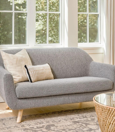 grey bouclé loveseat India – Grey Bouclé Loveseat by Teak & Tanned