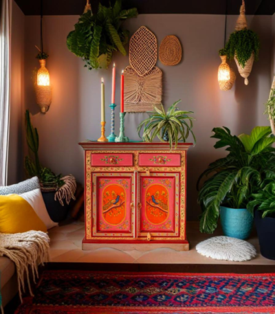 Hand-painted Rajasthani peacock sideboard from Teak & Tanned
