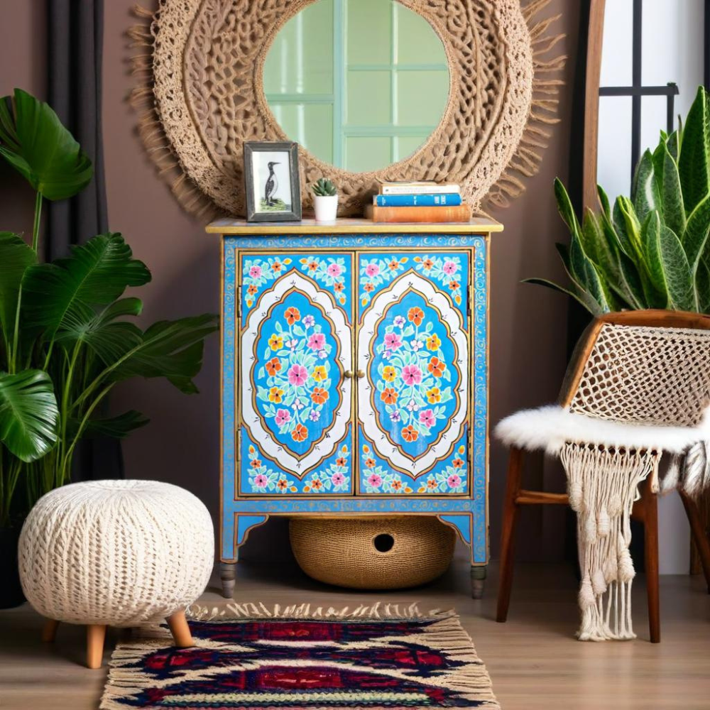 Blue Bloom Sideboard Blue Bloom hand-painted floral sideboard by Teak & Tanned