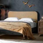 Cane & Shadow King Bed – cane headboard with dark wood platform frame