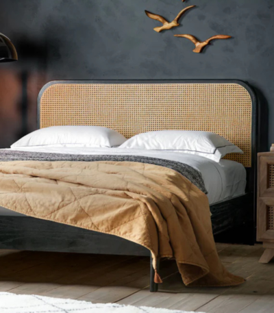 Cane & Shadow King Bed – cane headboard with dark wood platform frame