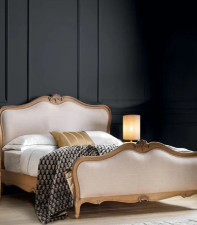 Heritage Haven King Bed – solid wood frame with curved upholstered headboard