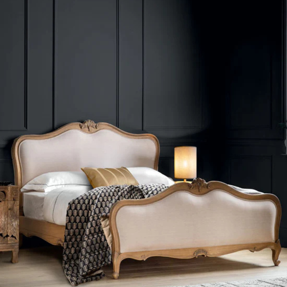 Heritage Haven King Bed – solid wood frame with curved upholstered headboard