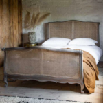 French Teak Cane King Bed – king-size solid teak frame with rattan cane panel headboard