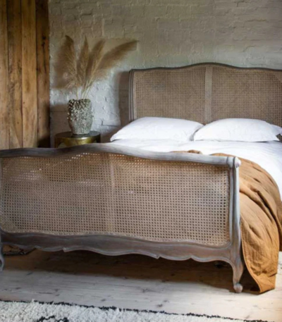 French Teak Cane King Bed – king-size solid teak frame with rattan cane panel headboard