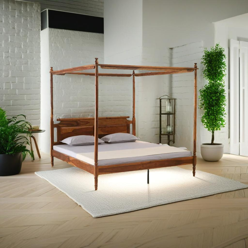 Heritage Sheesham Four-Poster King Bed – solid Sheesham wood poster bed