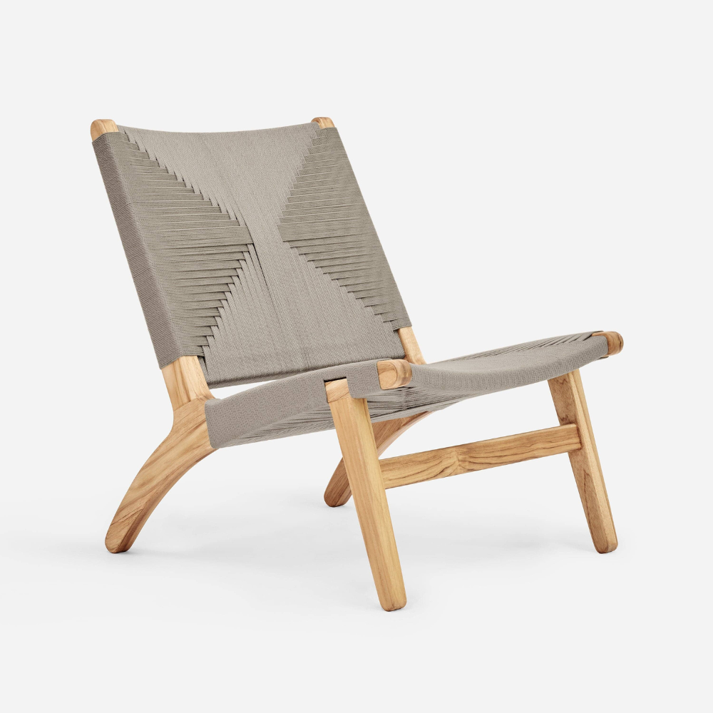 Teak Lounge Chair - Taupe Cross Braided Cord Teak Lounge Chair - Taupe Cross Braided Cord