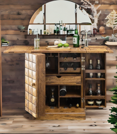 The Rosewood Reserve Bar Cabinet – handcrafted Sheesham wood console with fold-out bar functionality