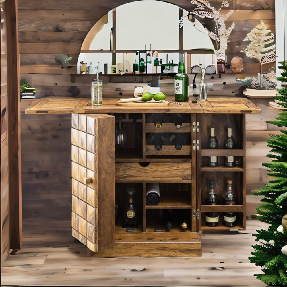 The Rosewood Reserve Bar Cabinet – handcrafted Sheesham wood console with fold-out bar functionality