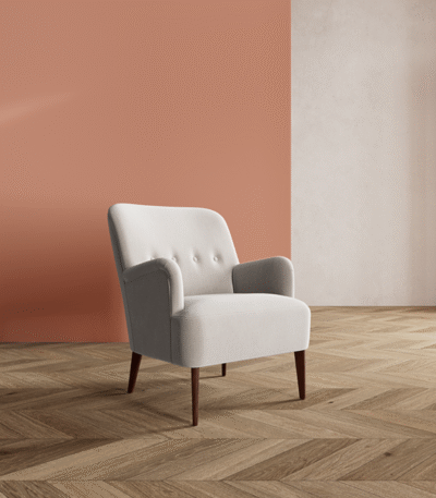 Scandi Tufted Armchair – buttoned upholstered seat with tapered teak wood legs