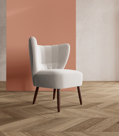 Petal Back Lounge Chair – sculptural petal-style upholstered back with teak wood legs