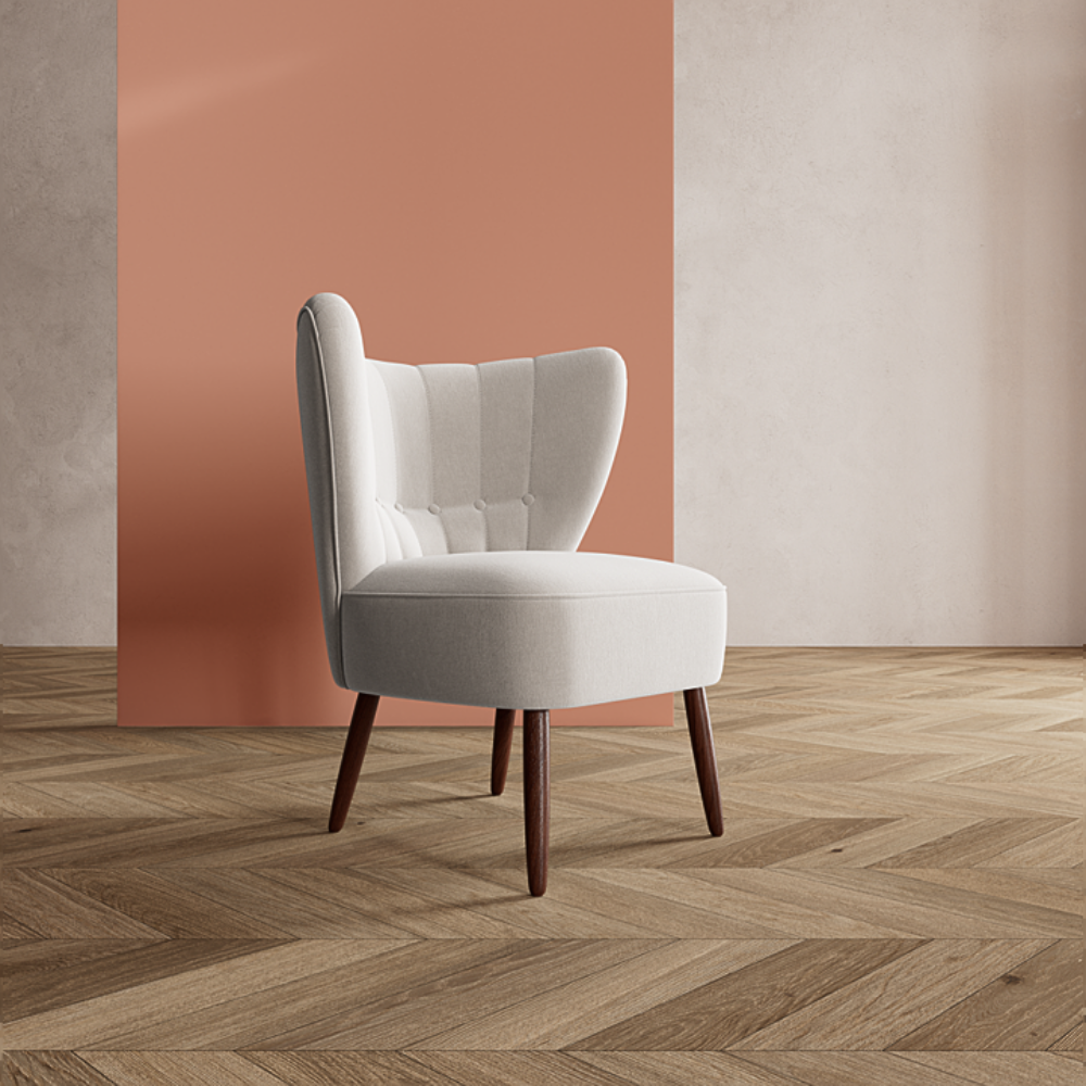 Petal Back Lounge Chair – sculptural petal-style upholstered back with teak wood legs