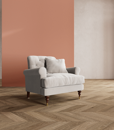 Grandeur Armchair – button-tufted upholstery with detailed teak wood legs