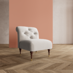 Palace Lounge Chair – solid wood frame with teak legs, brass caps, and button-tufted upholstery