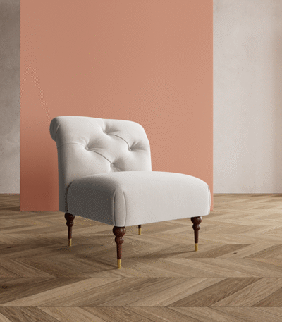 Palace Lounge Chair – solid wood frame with teak legs, brass caps, and button-tufted upholstery