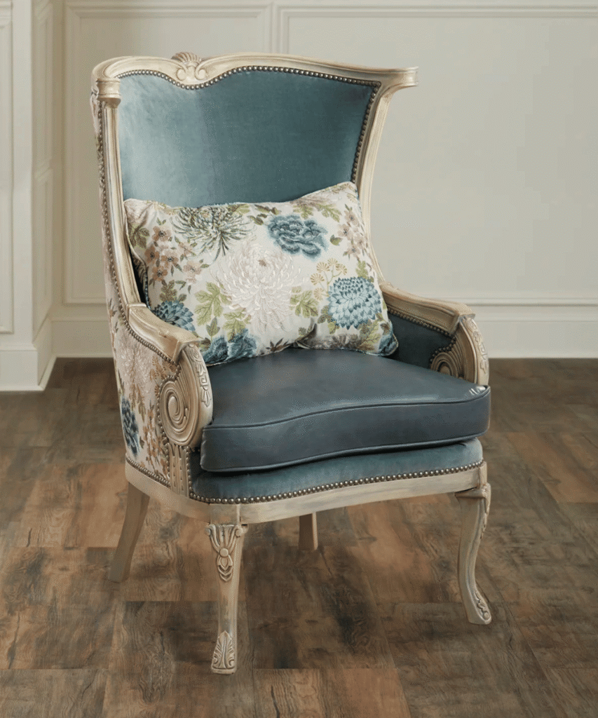 Opulent Teak Chair – hand-carved teak frame with plush upholstered seat