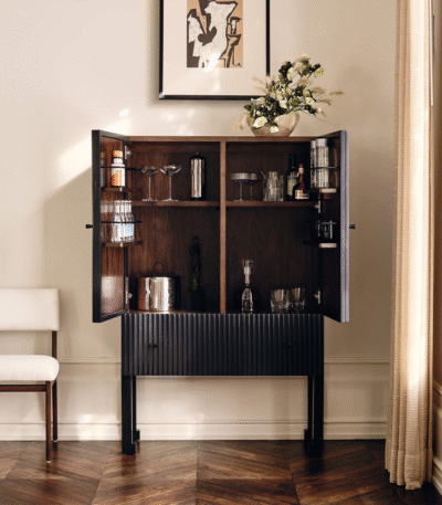 The Bourbon Bar Cabinet – handcrafted solid wood bar organizer with intelligent storage