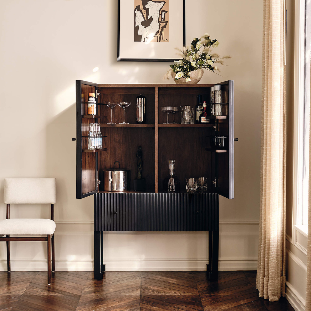 The Bourbon Bar Cabinet – handcrafted solid wood bar organizer with intelligent storage