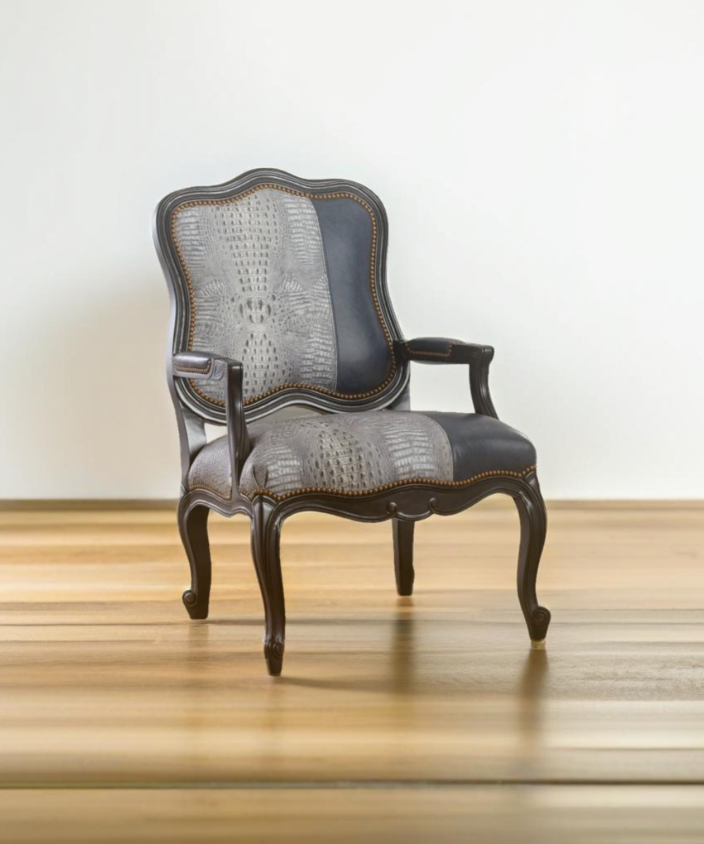 Majestic Teak Chair Majestic Teak Chair – hand-carved teak frame with grey crocodile-embossed leather and brass stud detailing