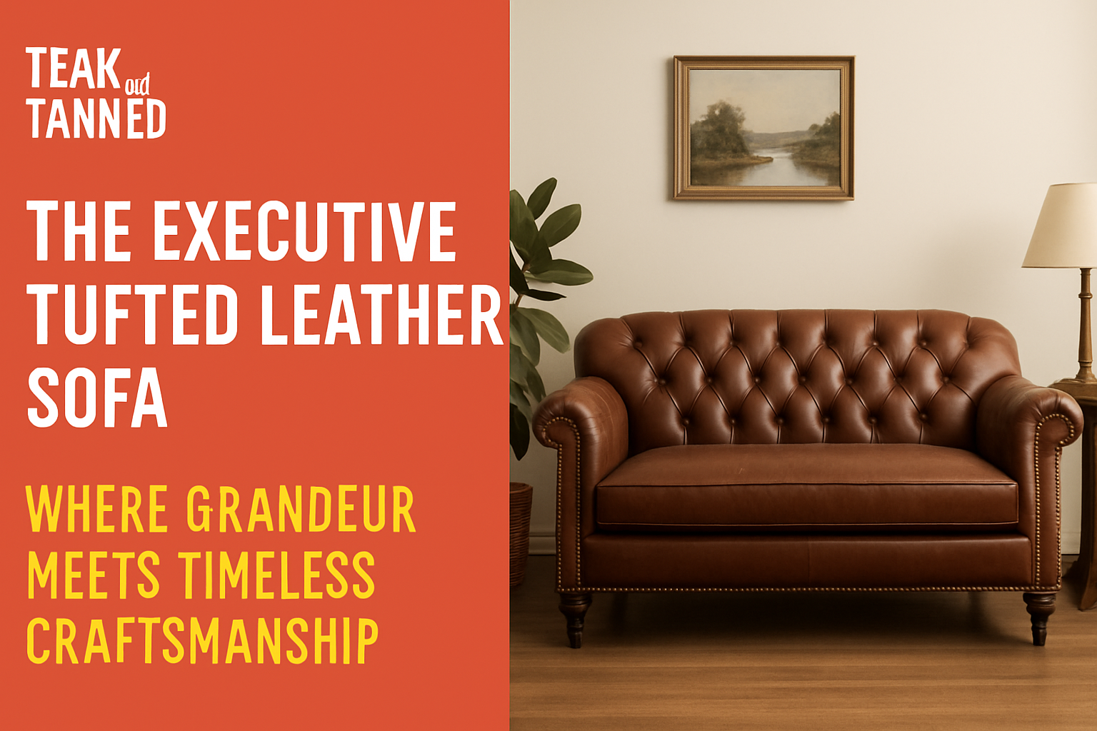 Executive tufted leather sofa by Teak and Tanned — handcrafted luxury seating in rich brown leather with deep button tufting