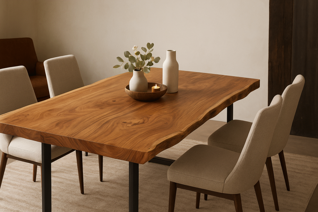 Rustic live edge dining table with natural wood grain and irregular edge, styled in a modern dining room with upholstered chairs and warm lighting