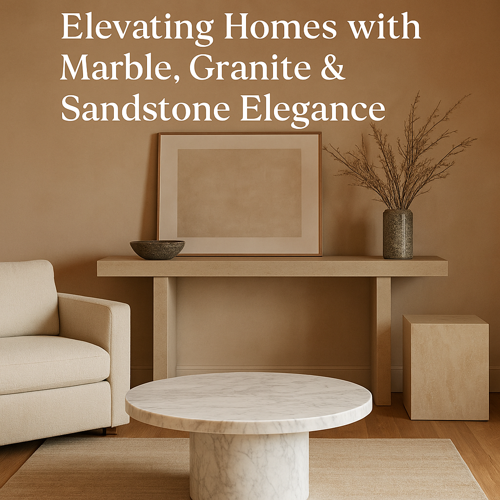 Stone furniture collection featuring marble coffee table, sandstone console, and granite vase in a luxury living room setting