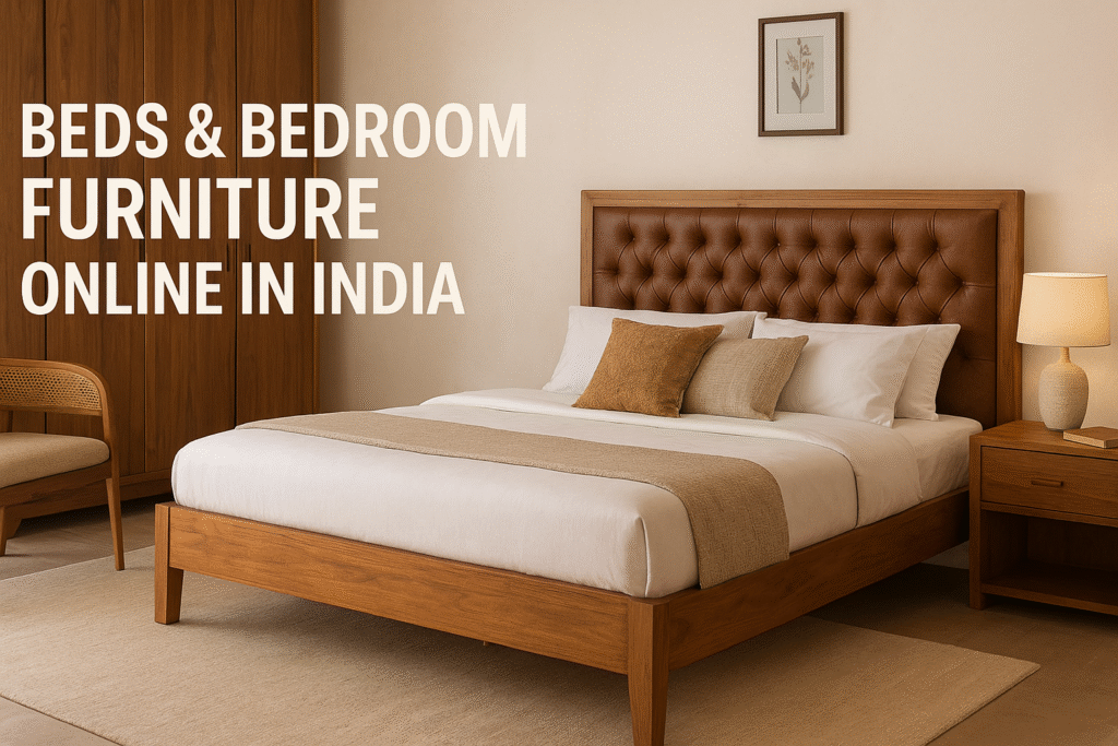 Elegant teak wood bed with matching bedroom furniture showcasing luxury bedroom interiors – Beds & Bedroom Furniture Online Collection by Teak & Tanned.