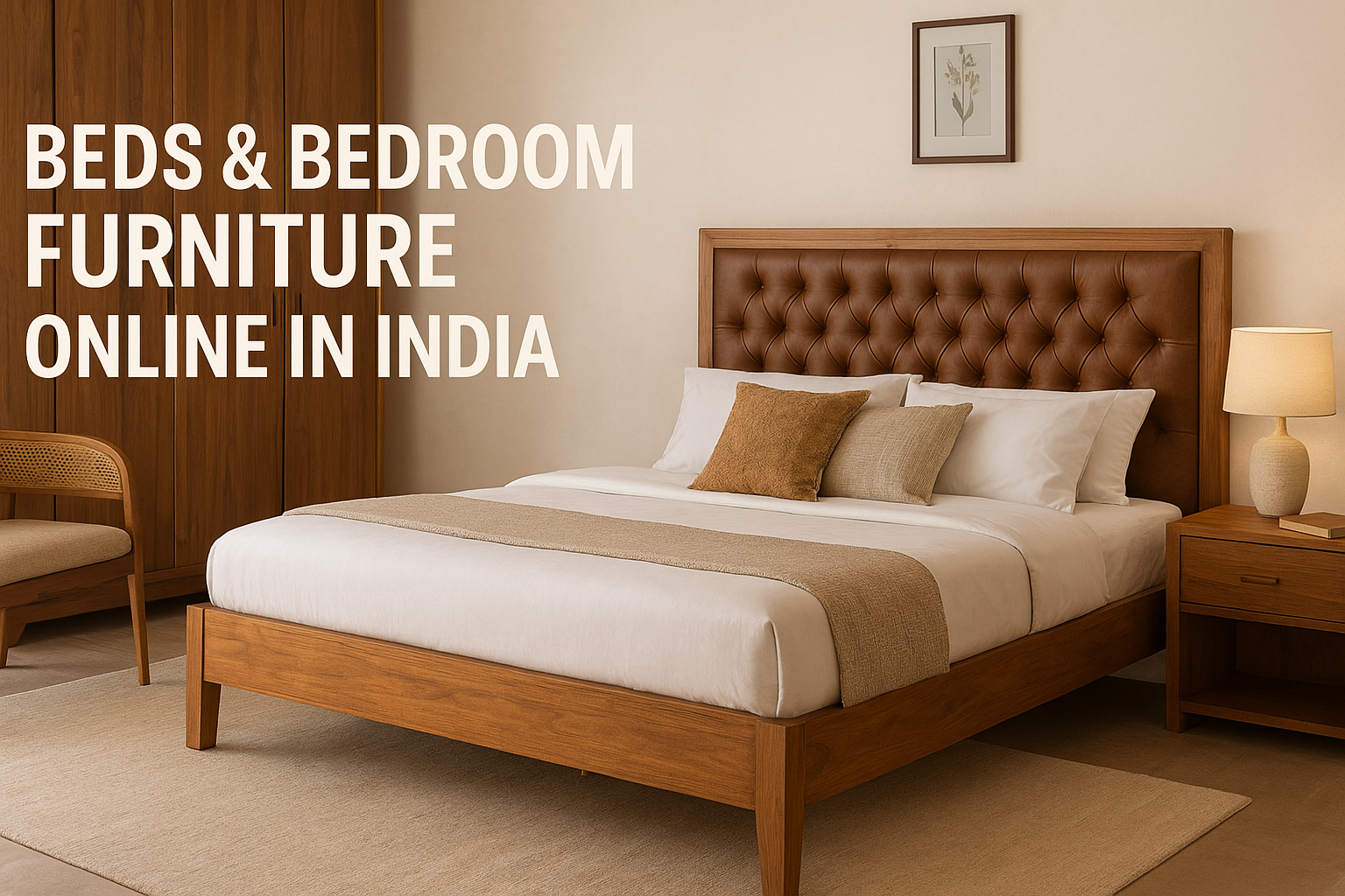 Elegant teak wood bed with matching bedroom furniture showcasing luxury bedroom interiors – Beds & Bedroom Furniture Online Collection by Teak & Tanned.