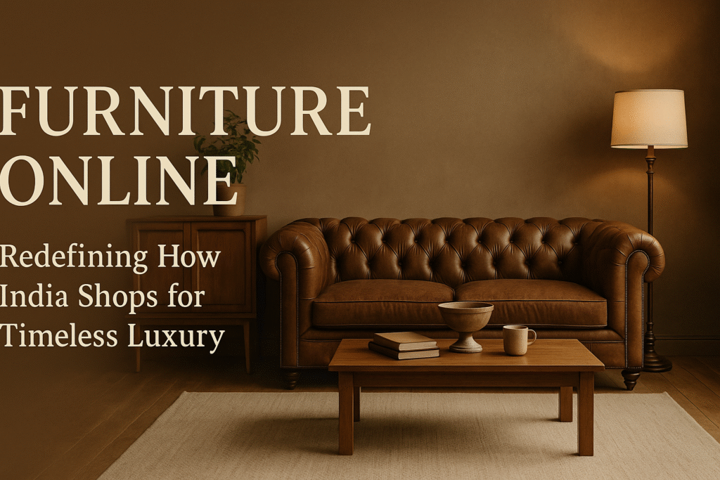 Luxury leather sofa with wooden coffee table in modern living room – Furniture Online banner