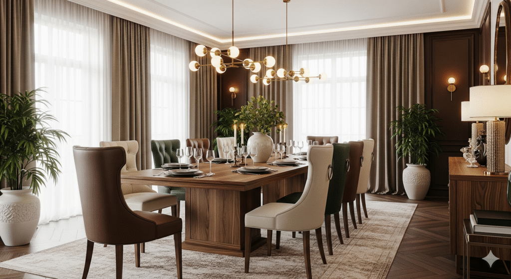 Luxury wooden dining table with upholstered dining chairs in a modern Indian home, showcasing comfort, craftsmanship, and premium furniture design.