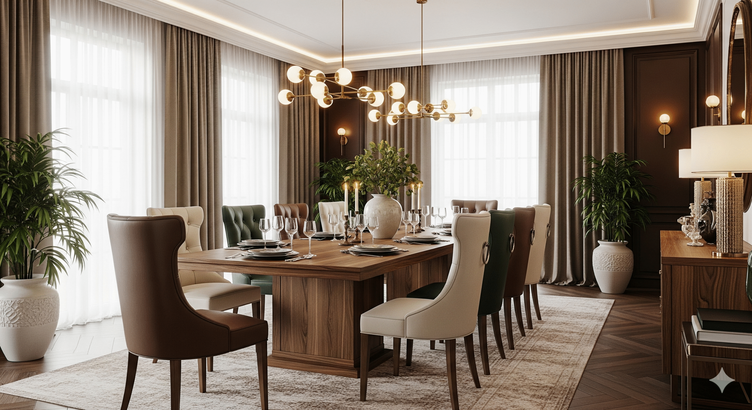 Luxury wooden dining table with upholstered dining chairs in a modern Indian home, showcasing comfort, craftsmanship, and premium furniture design.